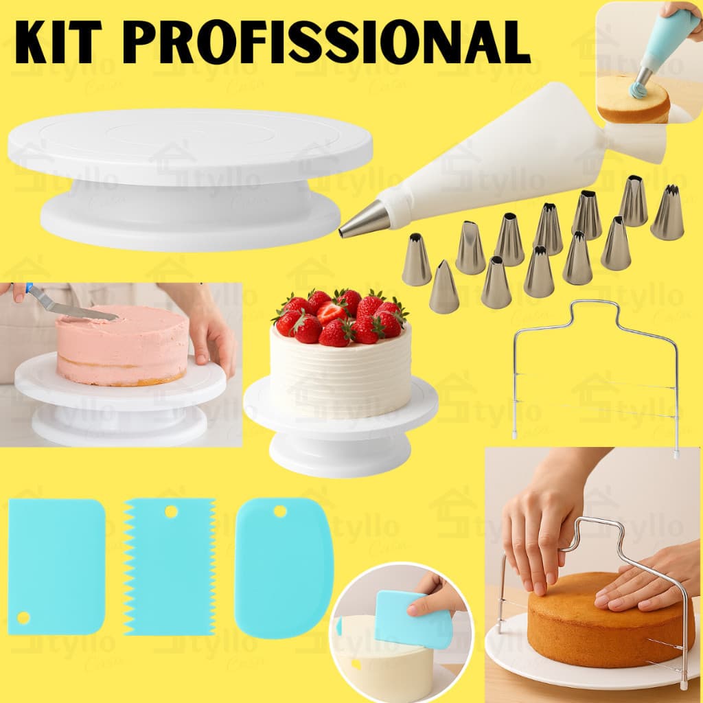 Kit Profissional Confeitaria Base Para Bolo Bailarina Giratória Raspadores Nivelador de Bolo