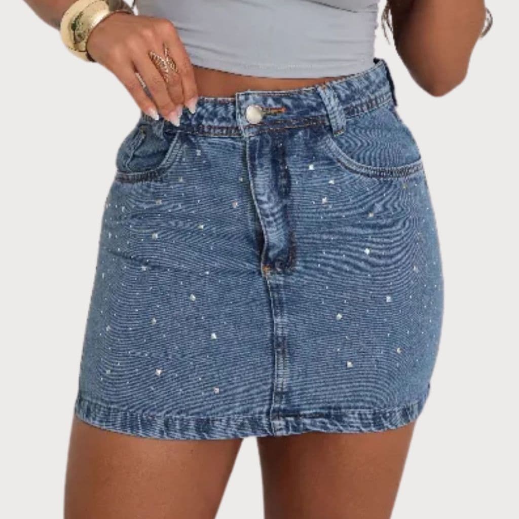 MINI SAIA JEANS COM BRILHO FEMININA