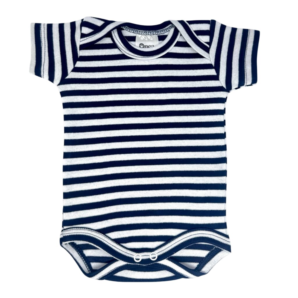 Body Bebê Manga Curta Listrado Azul e Branco Suedine 100% Algodão