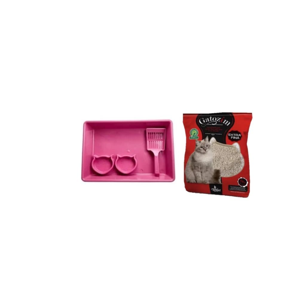 Kit Bandeja e Pá Higiênica para Gatos + Areia Gatozim Extra Fina + 2 Comedouros de Brinde