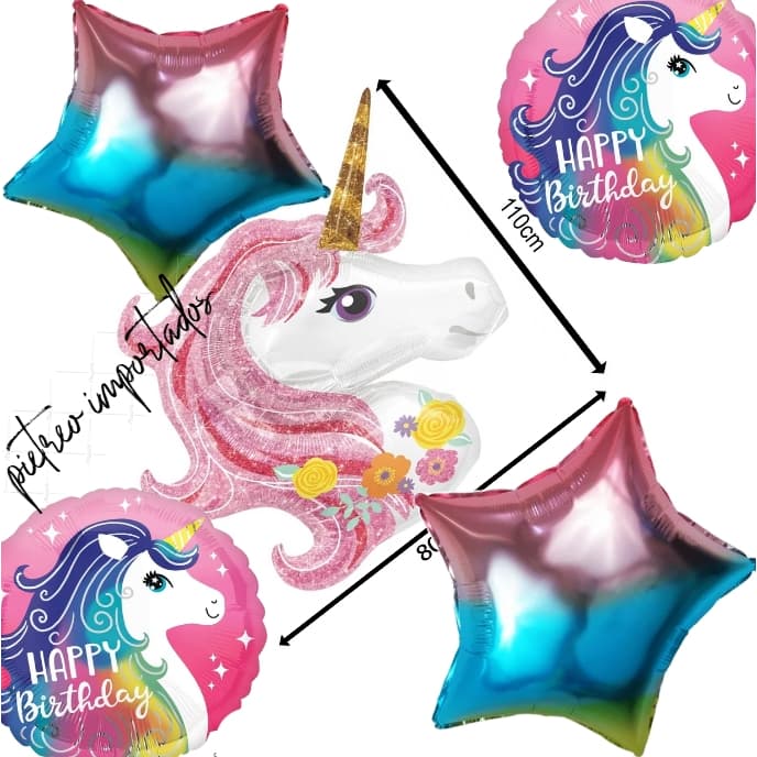 Kit Gigantão 6 Balões Metalizado Unicórnio + Estrela + Balão Redondo Unicórnio + Número a escolha do comprador Pelo Chat