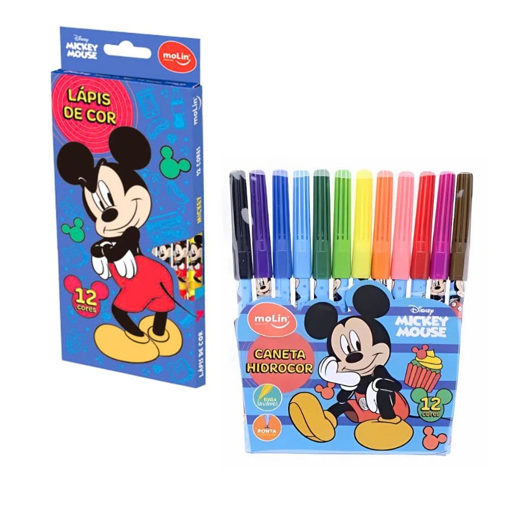 Kit Escolar Mickey Mouse Molin Caneta Hidrocor 12 Cores + Lápis de Cor 12 Cores Volta às Aulas