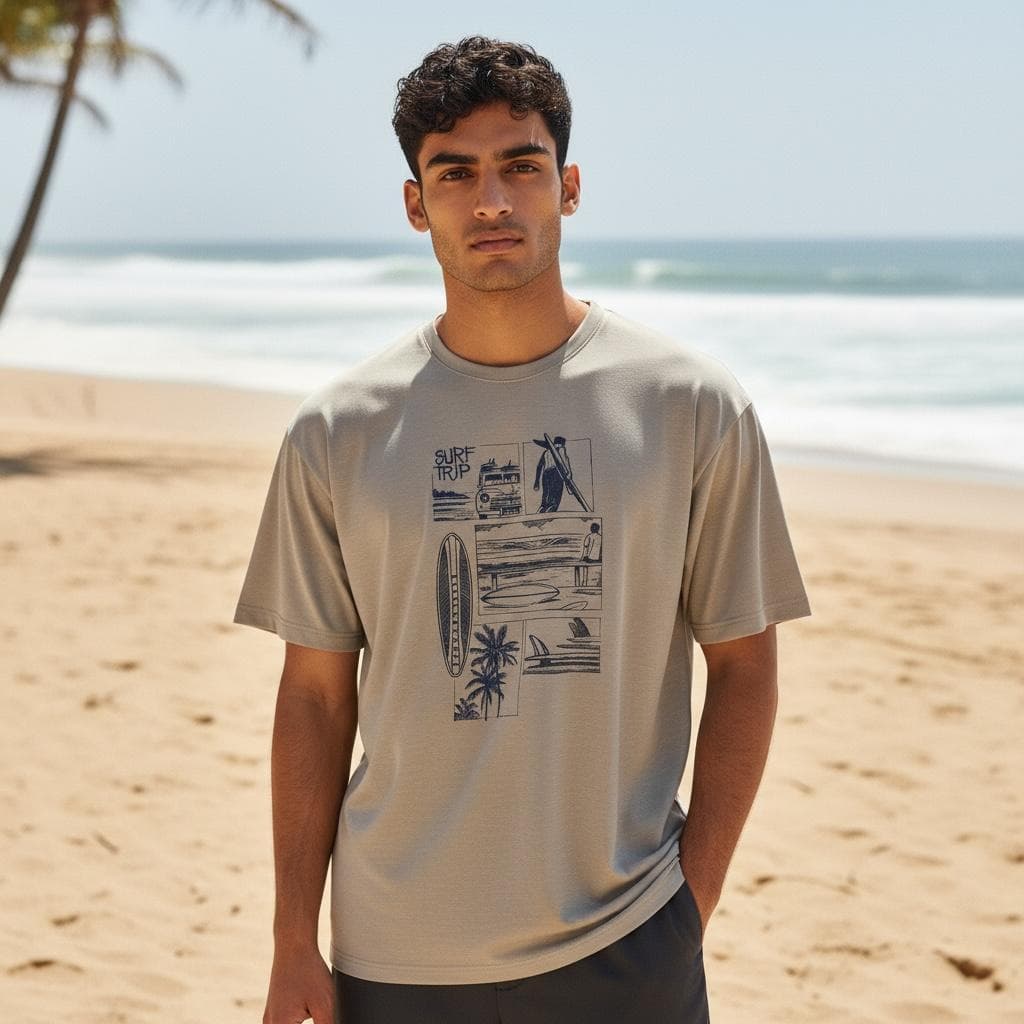 Camiseta Masculina Casual Gola Redonda Em Algodão Estampa Surf Trip Praia Verão Leve e Confortável
