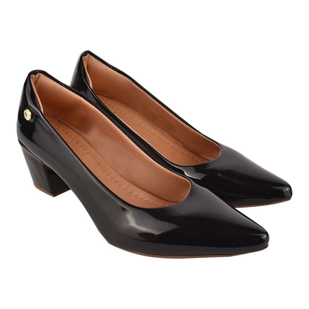 Scarpin Feminino Social Fechado em Verniz Salto Quadrado Grosso Bico Fino