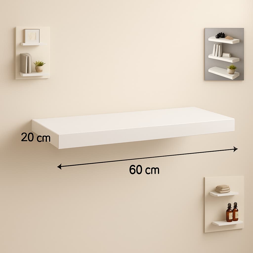 Prateleira de Parede com Suporte Invisível – MDF Branco 60x20cm