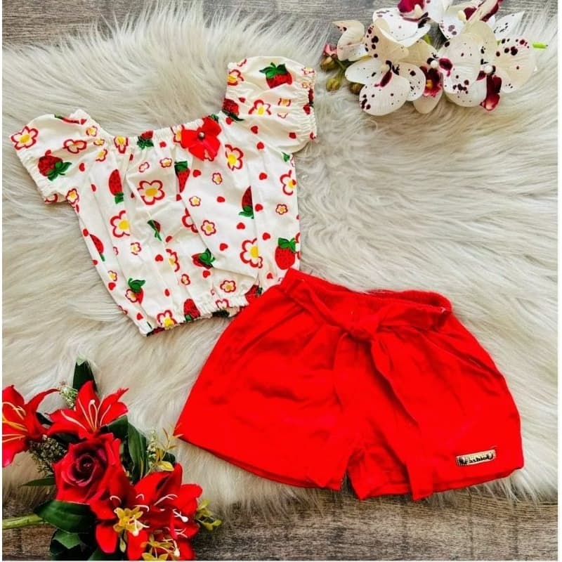 Conjunto Ciganinha Blogueirinha,Conjunto Infantil Cropped e Short, Conjunto menina 2 Peças com elástico,Conjunto Verão.