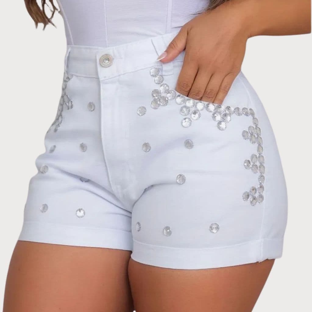 Short Jeans Feminino Com Brilho Pedraria Strass Cintura Alta 100% Algodão