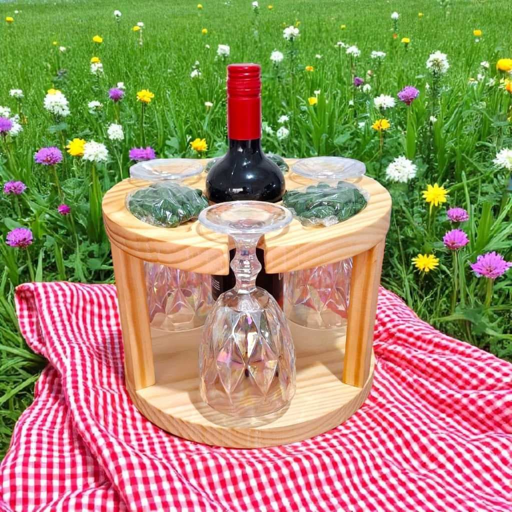 Petisqueira Porta Taças e Vinho em Madeira Pinus Porta Frios Decoração Mesa Posta Ceia Natal Luxo