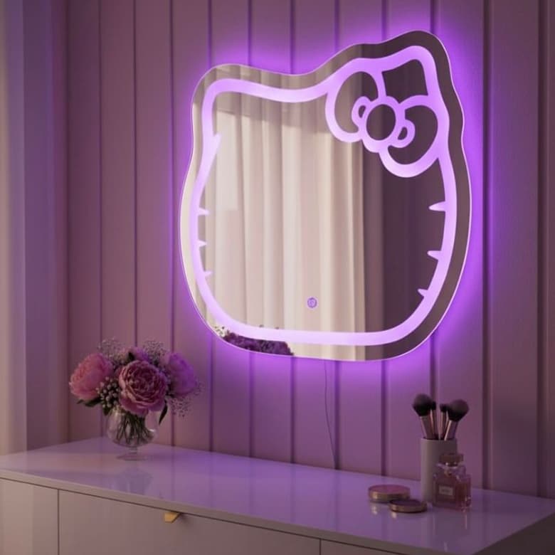 Espelho Infantil Jateado Gatinho 70x65cm Led Touch 3 Tons Rosa