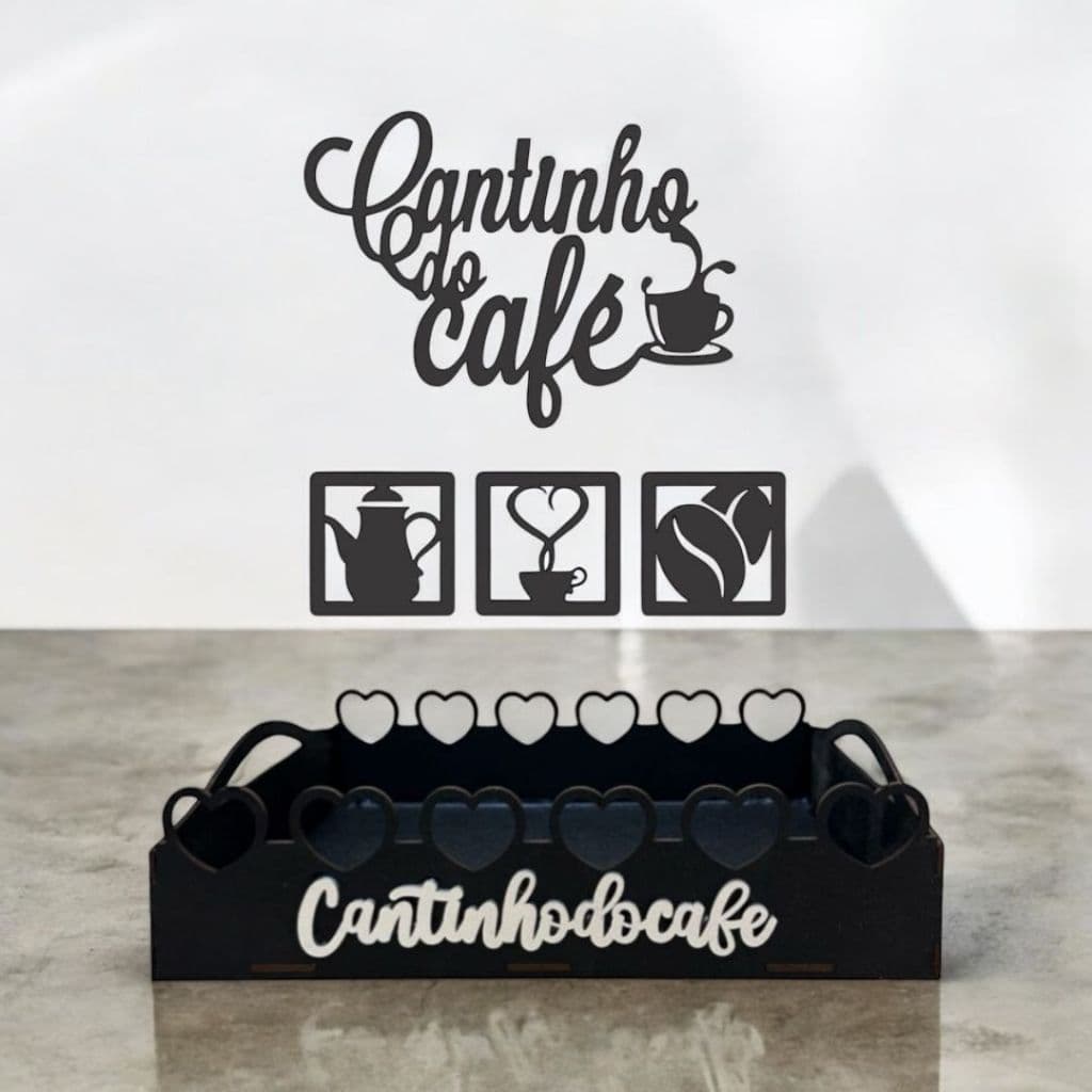 Kit Cantinho do Café Bandeja Junto Com Apliques de Parede Na Cor Preta