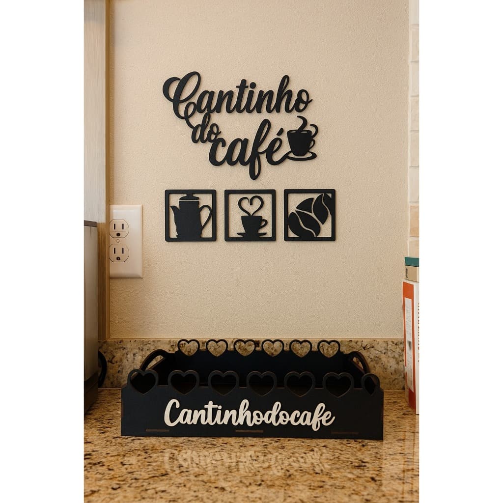 Bandeja Cantinho do Café Com Apliques de Parede em MDF Preto Para Decoração de Casa Escritório