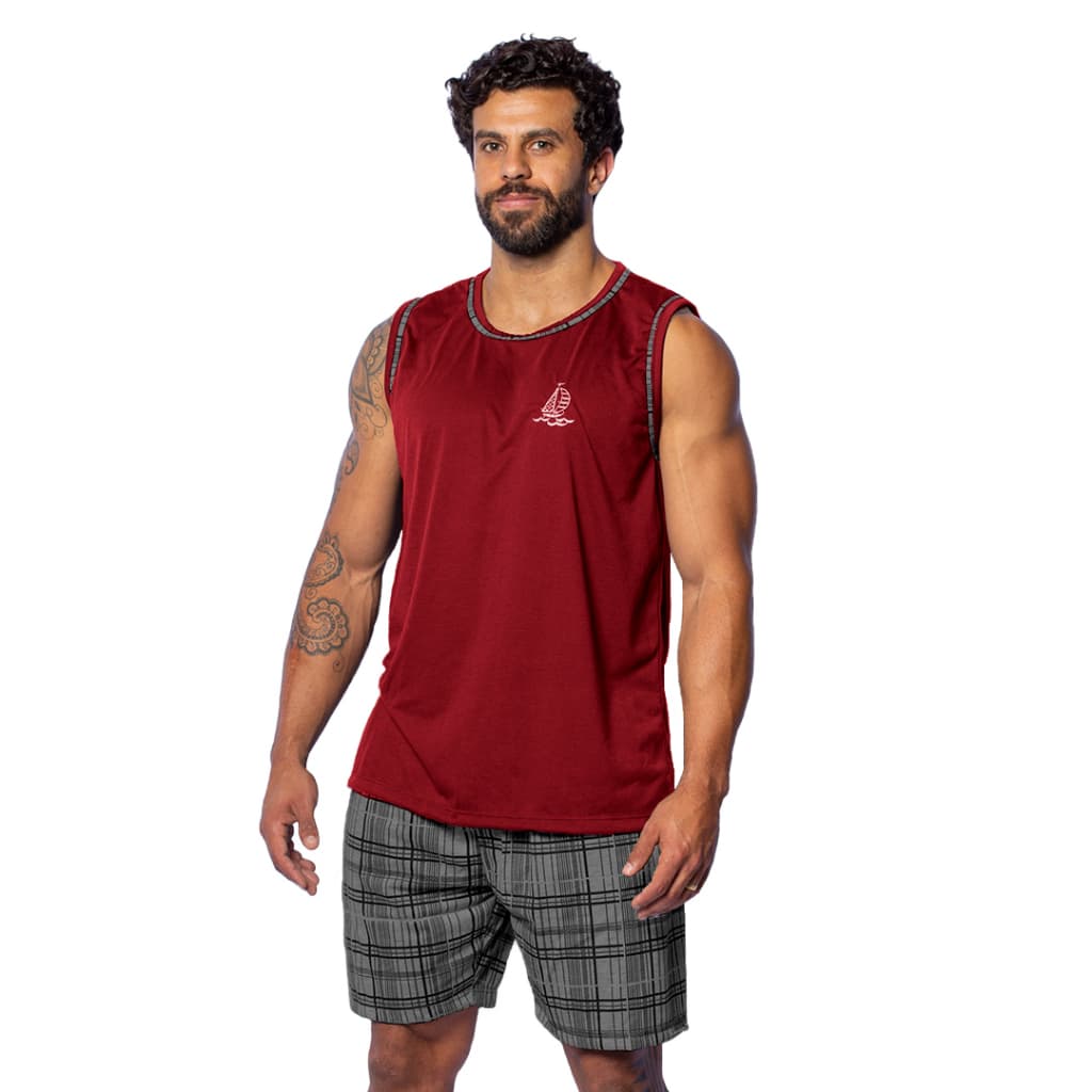 Pijama Regata Liso Bordado Masculino Conjunto de Verão Short Estampado Malha