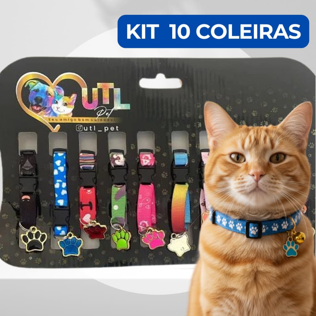 Coleira Para Gato Ajustável Cartela com 10 Coleiras Pingentes