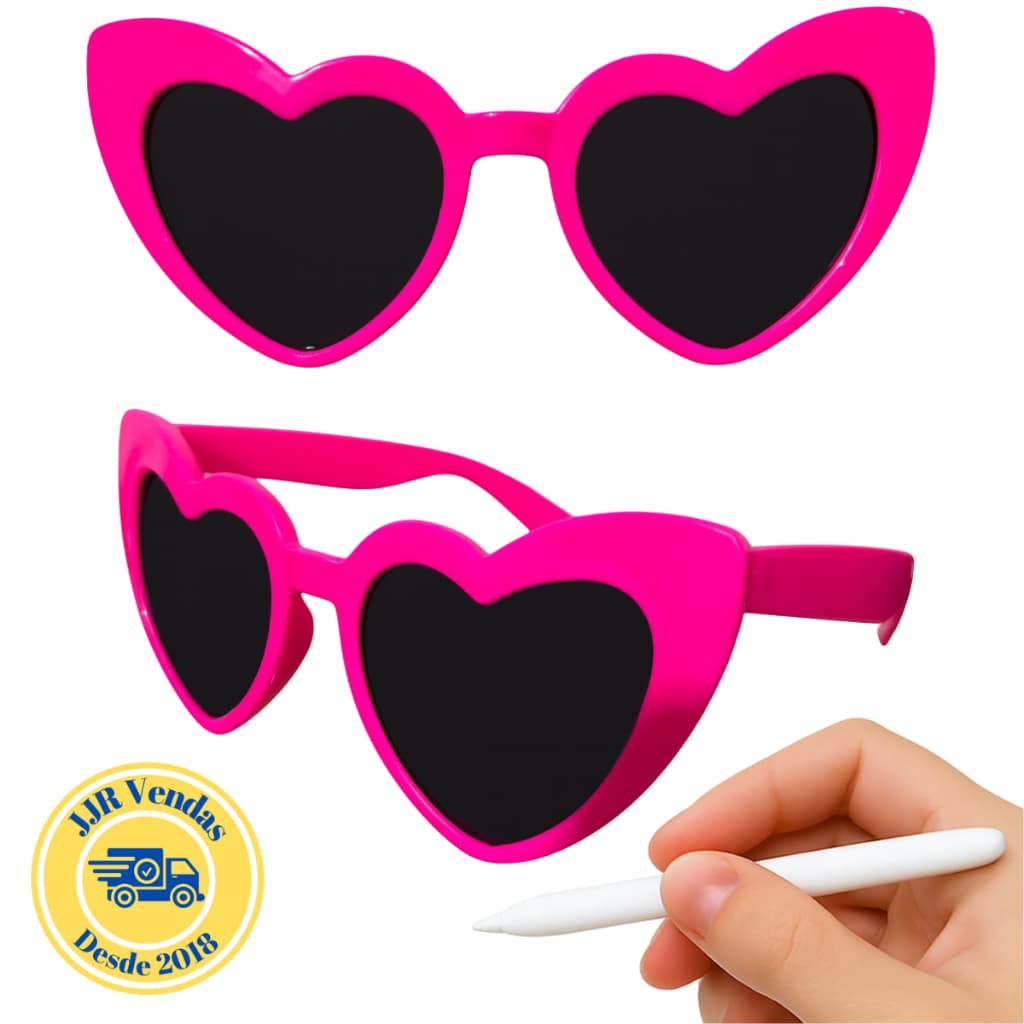 Kit 10 Óculos Coração com Caneta Giz | Escreva na Lente | Proteção UV | Festa e Eventos