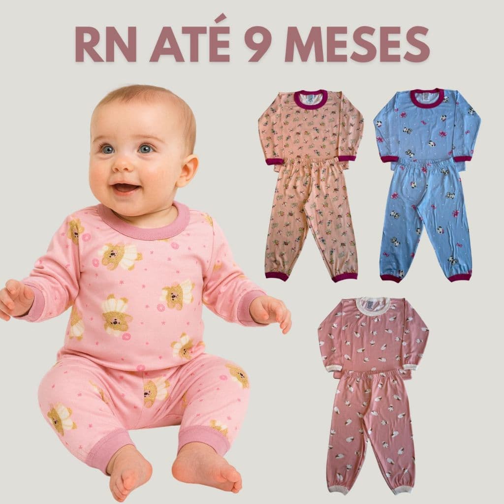 Kit 2 Pijamas Recém Nascido Bebê Feminino Estampado 2 Blusas Manga Longa 2 Calças Com Punho Maternidade