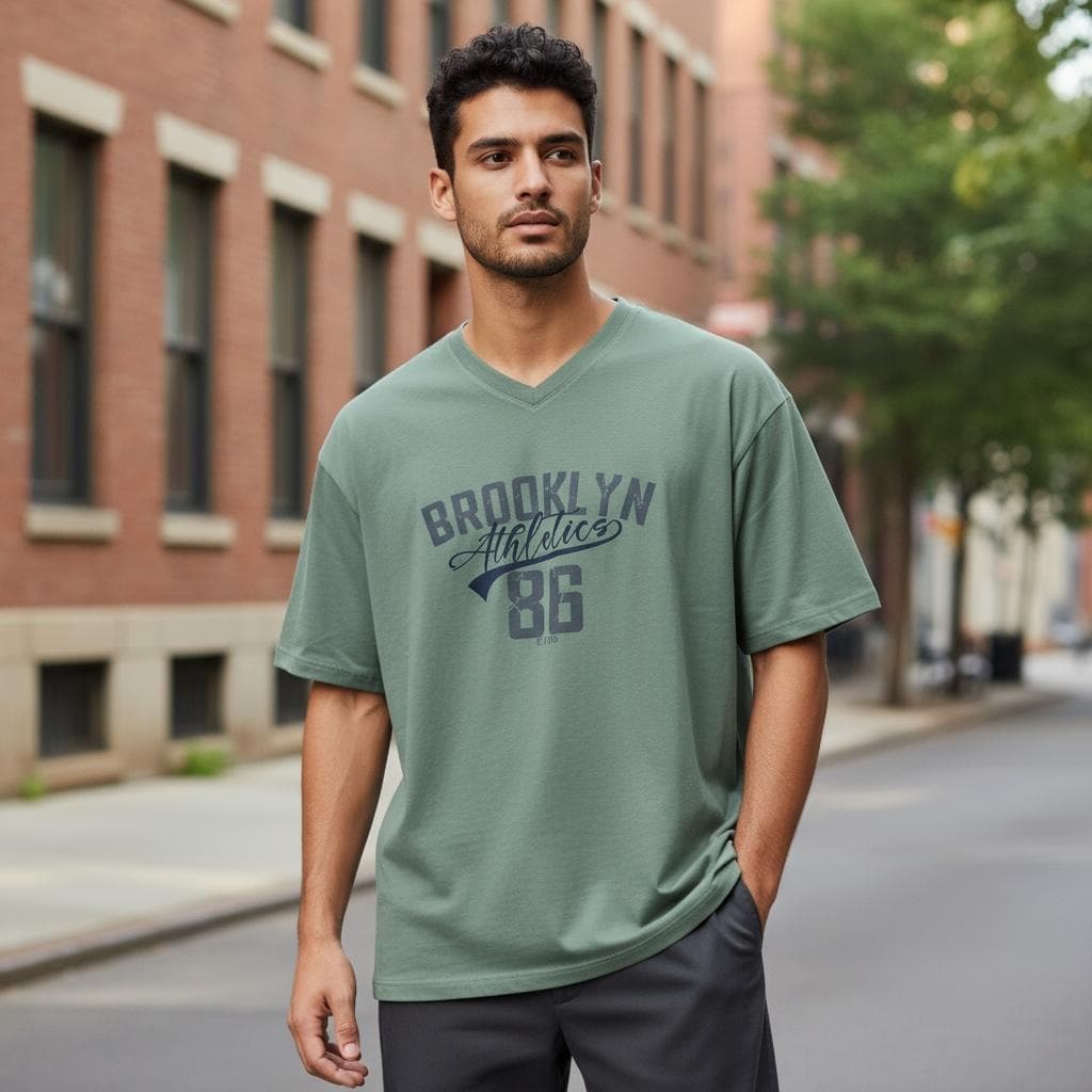 Camiseta Masculina Brooklyn Athletics 86 Gola V Em Algodão Estilo Urbano Esportivo