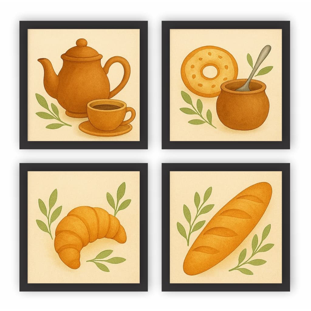 Kit 4 Quadros Decorativos Café Pães Xícara Bule Cozinha Cantina