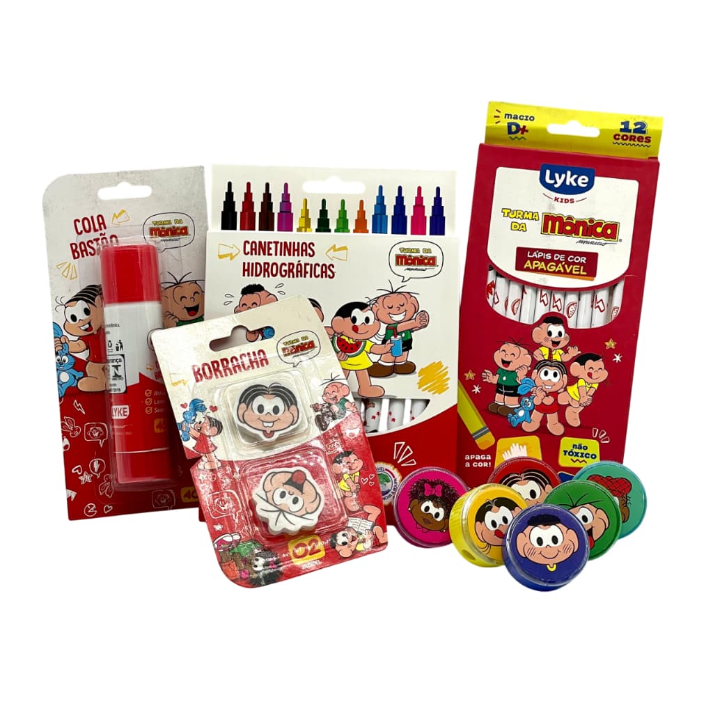 Kit Escolar Turma da Mônica Lyke | Lápis de Cor Apagável, Cola Bastão, Apontador e Borracha