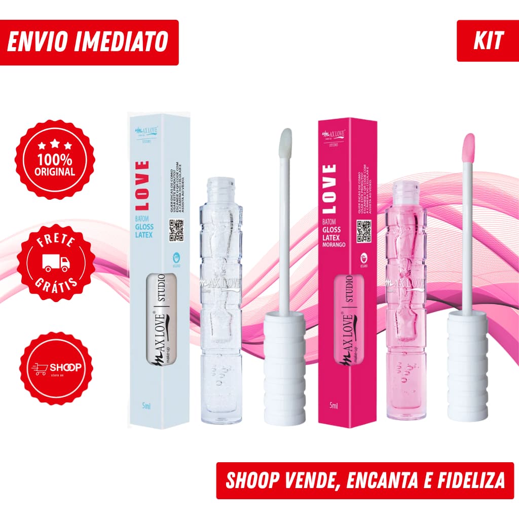 Gloss Labial Látex Max Love | Maçã ou Morango | Vegano, Brilho Intenso e Hidratação Labial