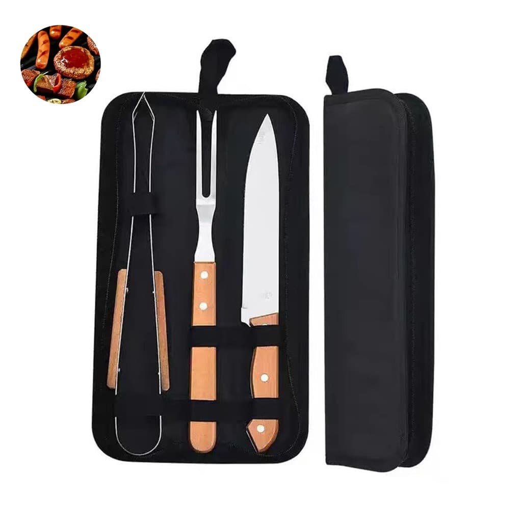 Kit Churrasco 3 Peças Garfo Espátula Pegador Madeira