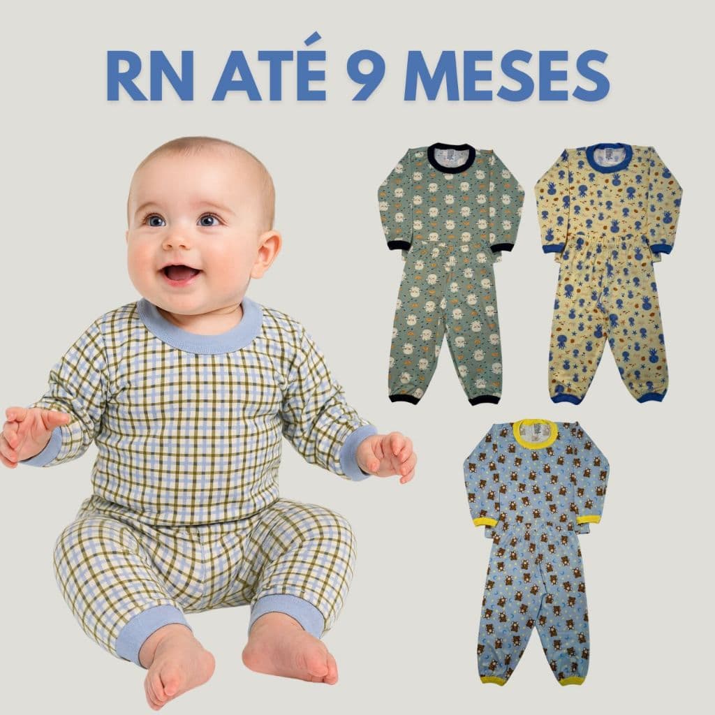 Kit 2 Pijamas Recém Nascido Bebê Masculino 2 Blusas Manga Longa 2 Calças Com Punho Maternidade Menino