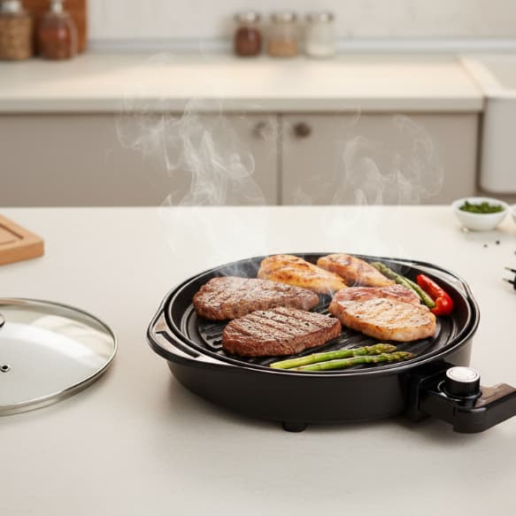 Grill Elétrico Redondo Premium com Termostato Churrasqueira Elétrica Antiaderente