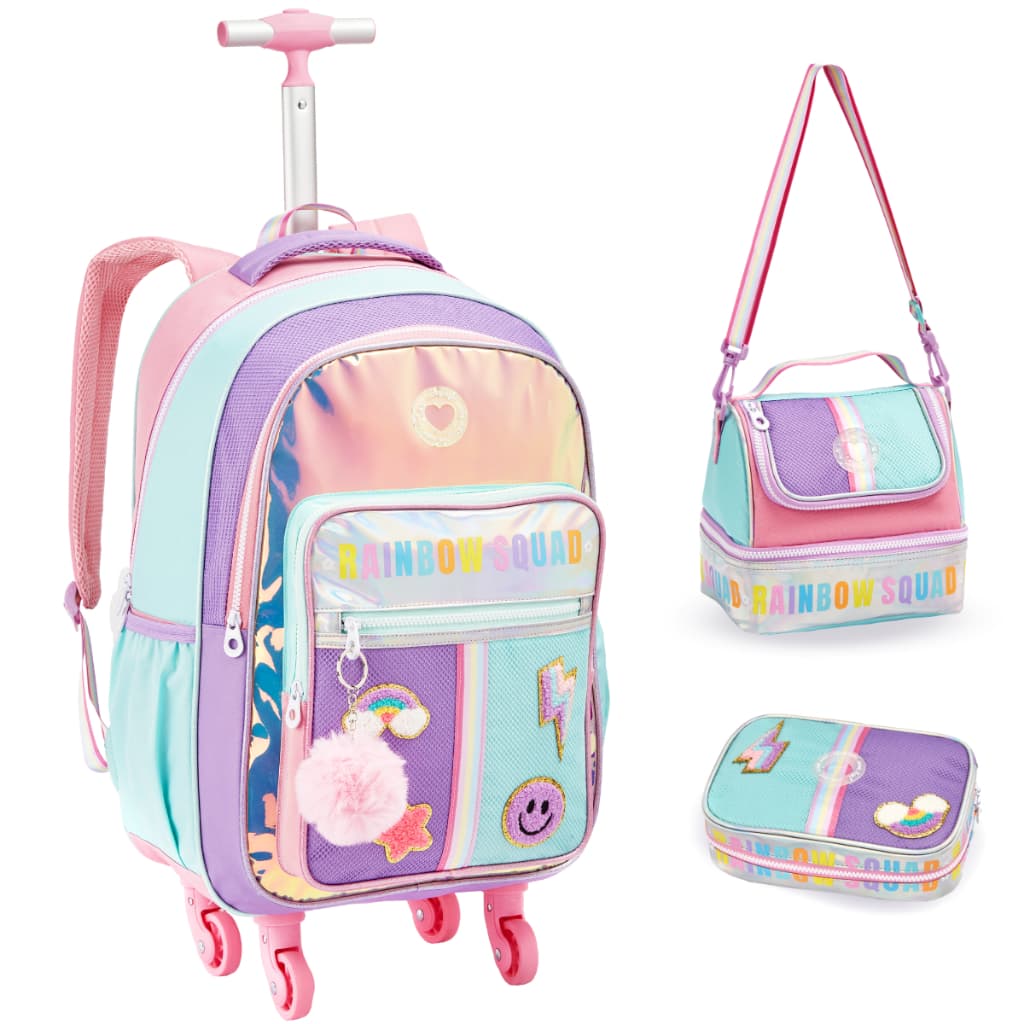 Mochila Infantil Menina Rodinha  Escolar Rainbow Holográfica Com PomPom Kit Bolsa Feminina 3pcs Lancheira e Estojo