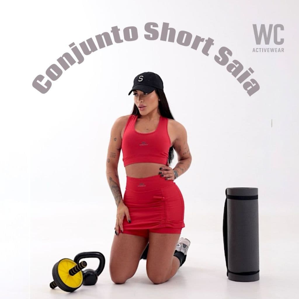 Conjunto De Academia Vermelho Shots Saia + Top Premium Para Corrida Beach Tennis Caminhada Esportes