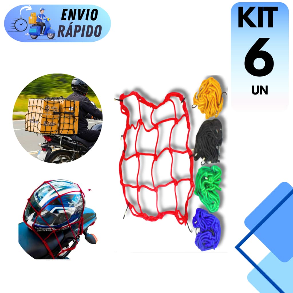 KIT 6 ARANHA REDE ELASTICA BAGAGEIRO CARRO MOTO CARGA REDINHA COLORIDA MULTIUSO BAU