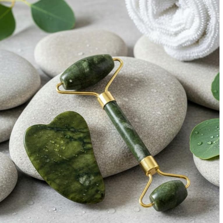 Kit Skincare Pedra Jade – Rolo Facial + Gua Sha (placa de pedra lisa)
