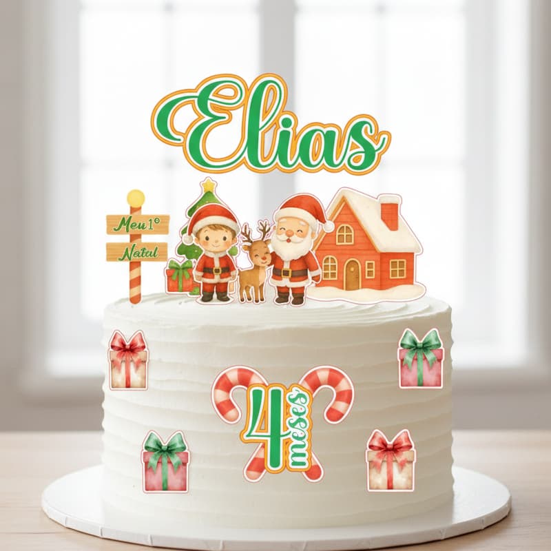 Topo de Bolo Mesversário/ Aniversário Natal Personalizado (Nome e Idade) - ENVIO RÁPIDO!