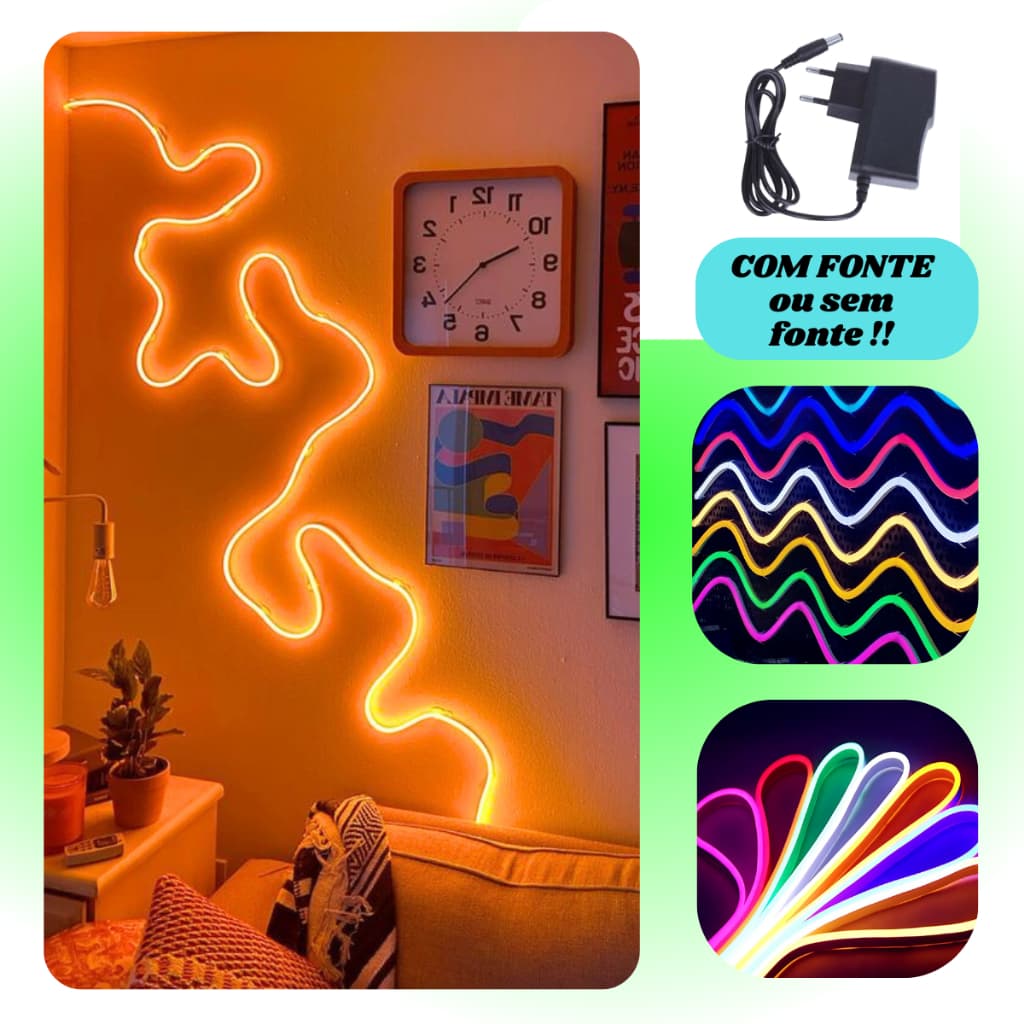 Fita Led Mangueira Neon 5 Metros Brilho Alto Flexível Colorida Com Fonte 12v
