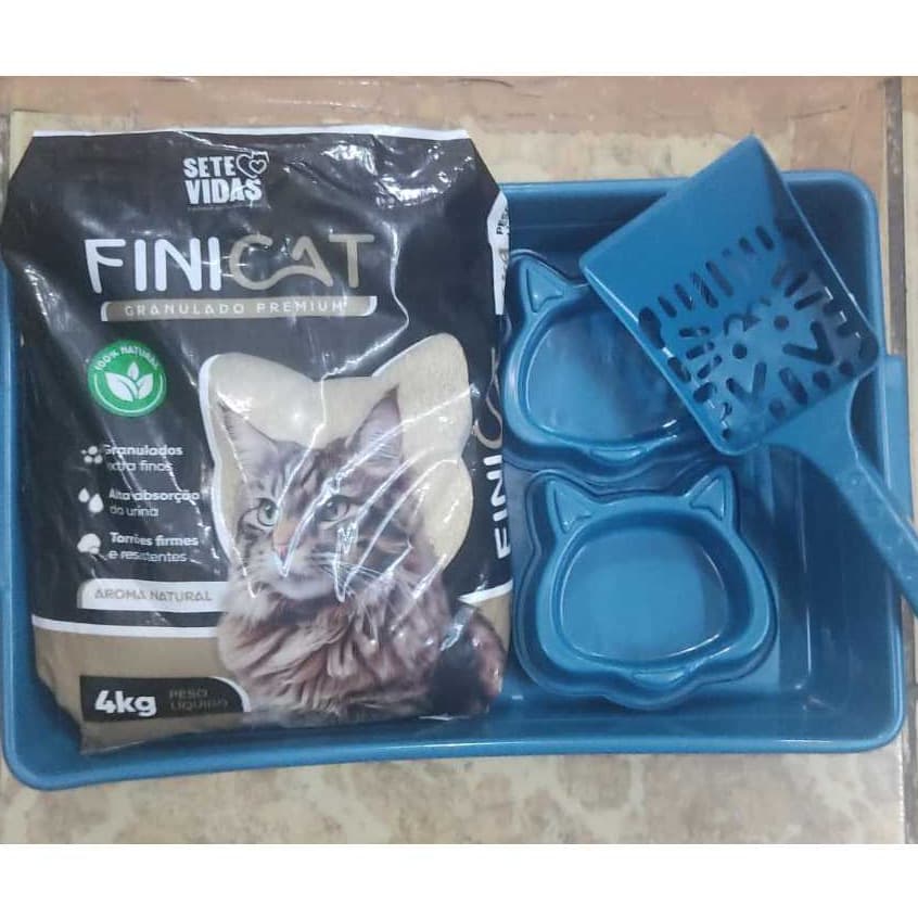 Kit Gato Completo com Finicat 4kg + Caixa de Areia + 2 Comedouros + Pá
