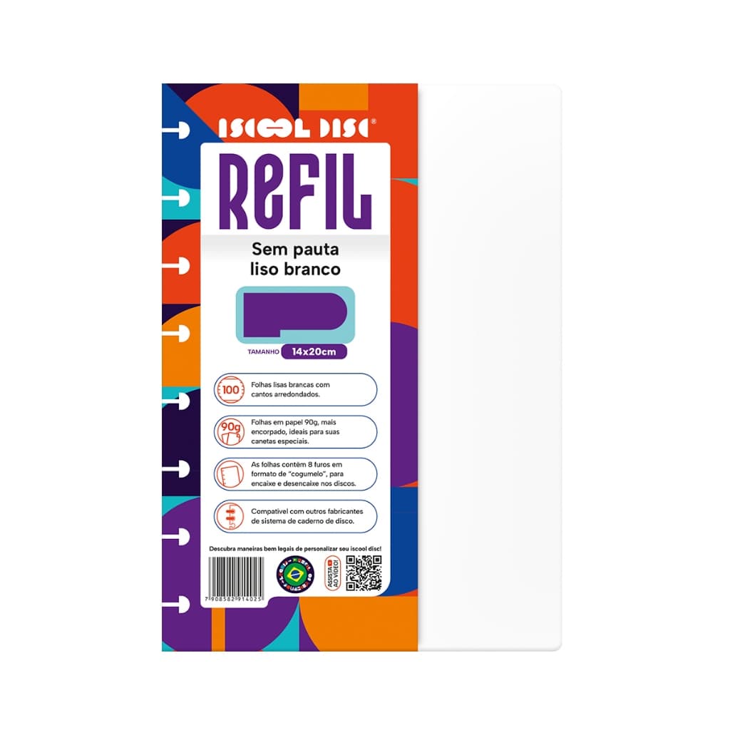 Refil Caderno De Disco Iscool Inteligente Sem Pauta Branco Inteligente 90g 100 Folhas