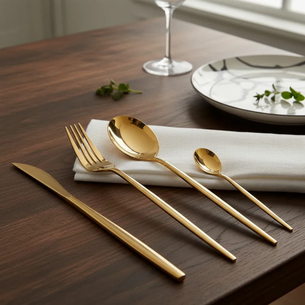 Kit 24 Talheres Dourado de Aço Inox Cozinha Garfo Colher Faca  De Mesa