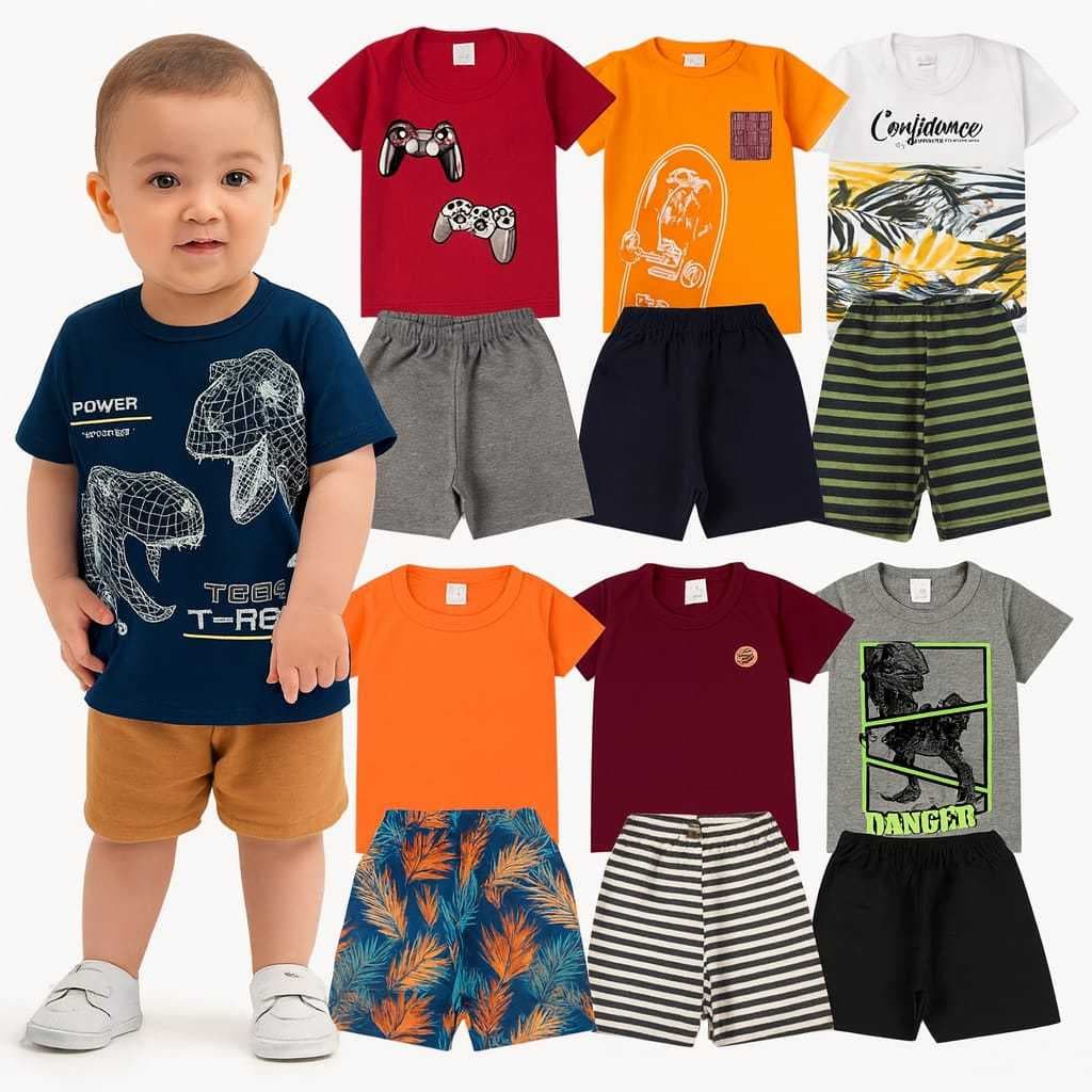 Kit 4 Conjuntos Menino Camiseta + Bermuda Verão Infantil Masculino 8 Peças Tamanho 01 ao 14 Anos