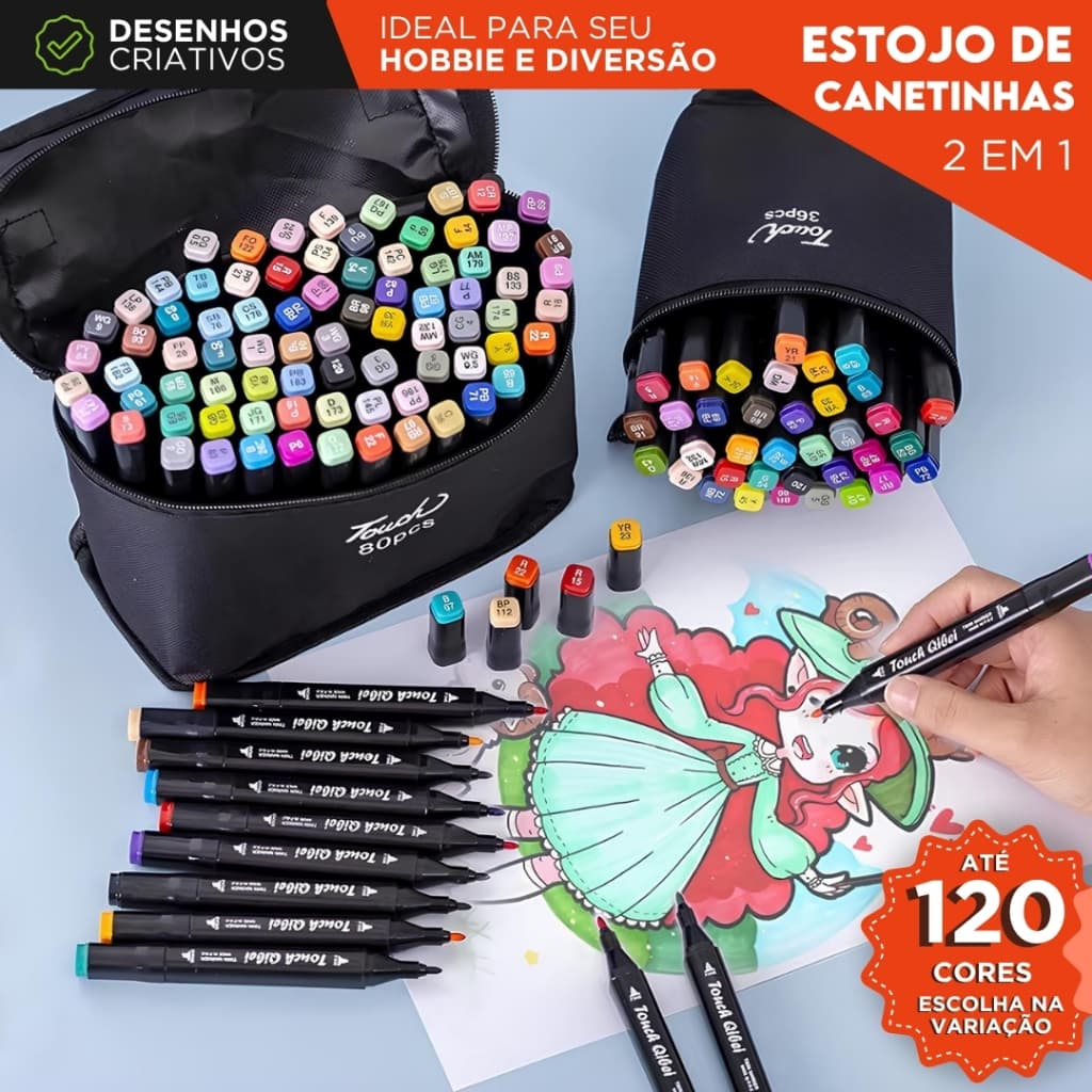 Canetas Marcadoras Ponta Dupla Touch 120 Cores com Estojo Profissional para Desenho e Pintura - MZ