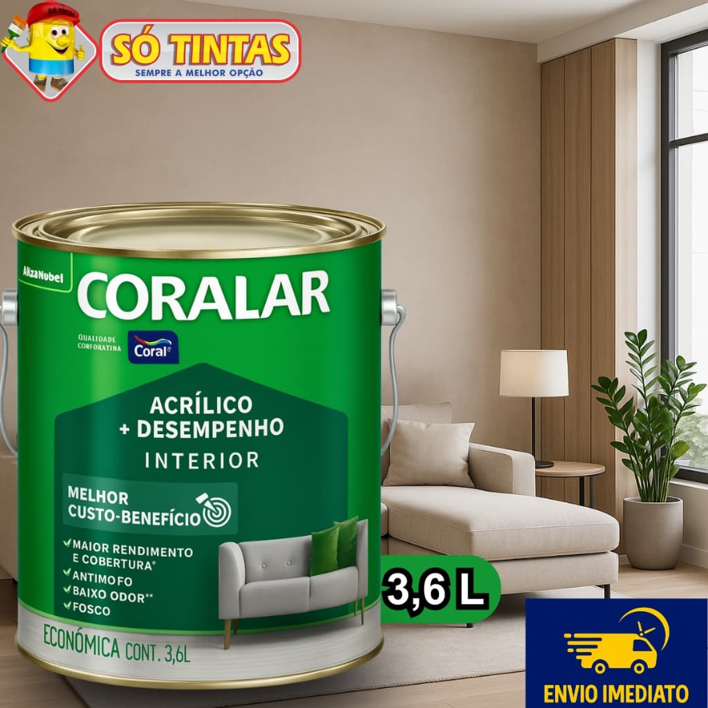 Tinta Acrílica Coralar Coral 3,6L Fosca Interna Anti Mofo, Para Parede, Secagem Rápida Escolha a Cor