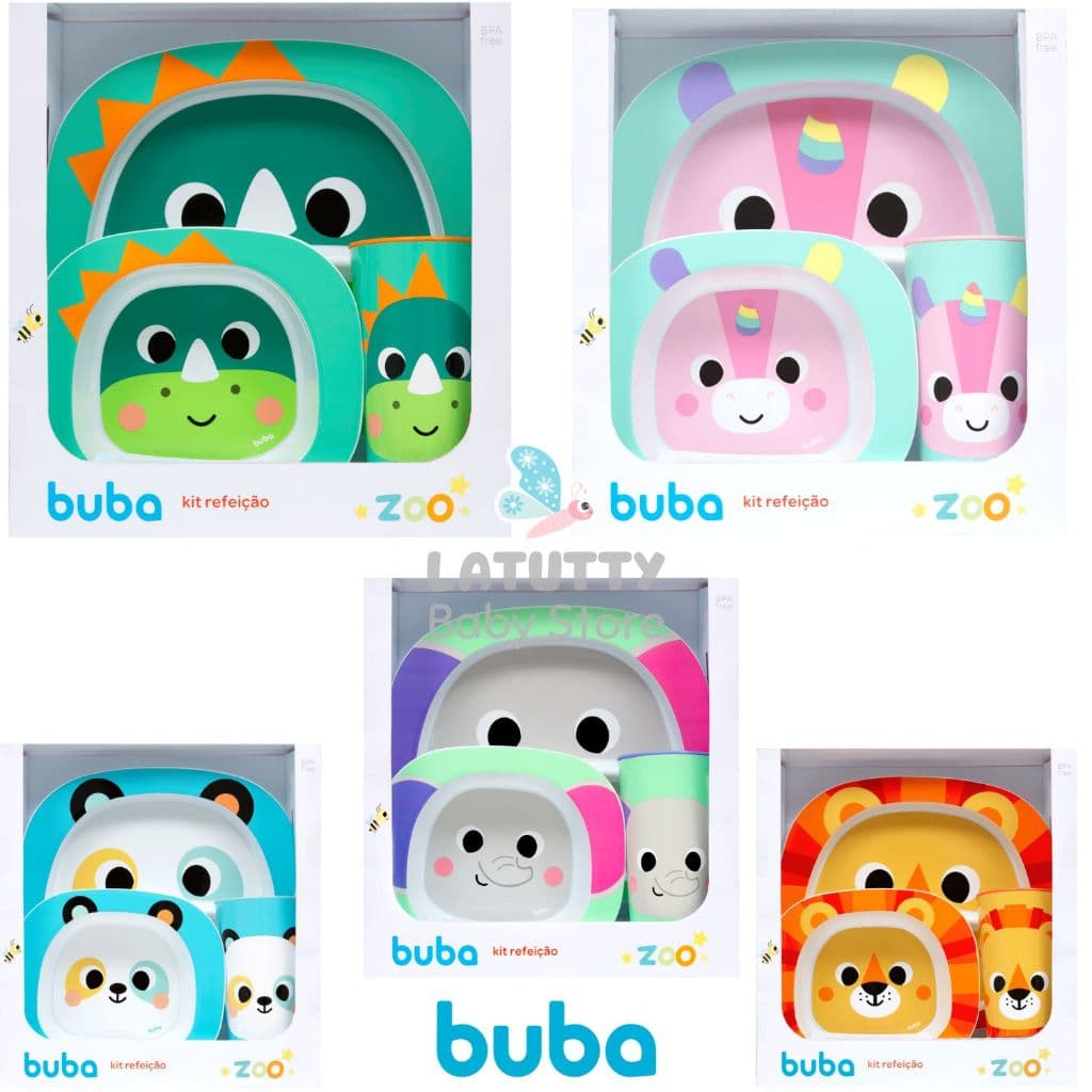 Kit Introdução Alimentar 3 Peças Buba Prato com Divisória Bowl Copo Buba Zoo Kit Alimentação Bebê