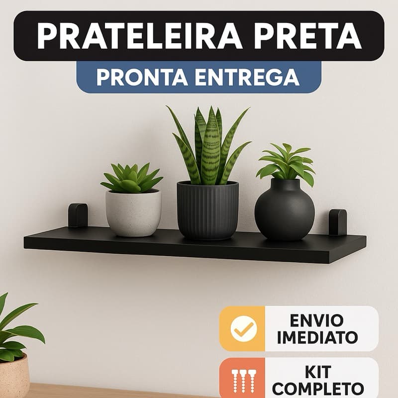 Prateleira na cor preta 20x60 cm acompanha suporte e parafusos.