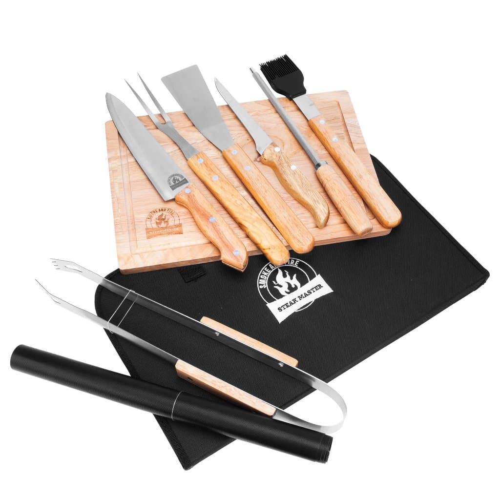 Kit Churrasco Facas Inox 10 Peças Biscuitt Steak Master Cabo De Madeira Com Estojo