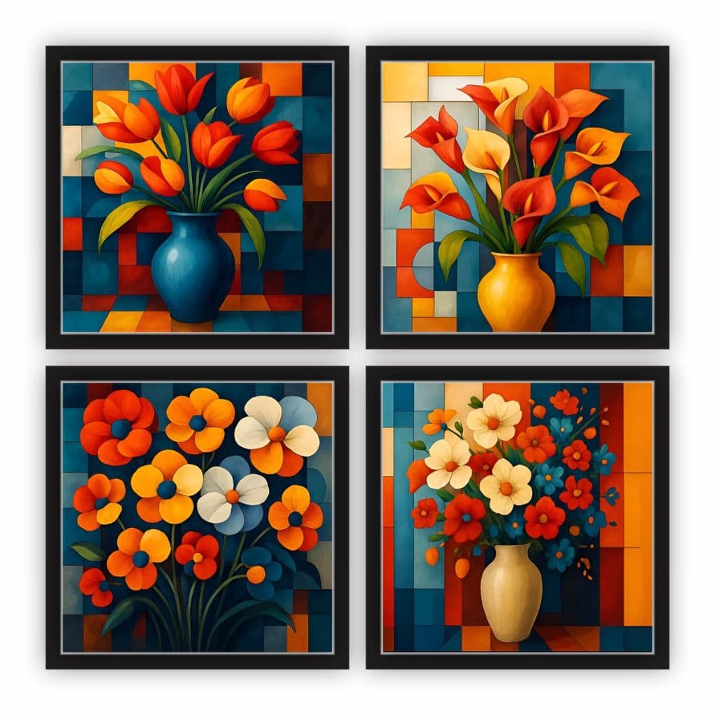 Kit 4 Quadros Flores Coloridas Abstratas Cozinha Sala Hall 18x18