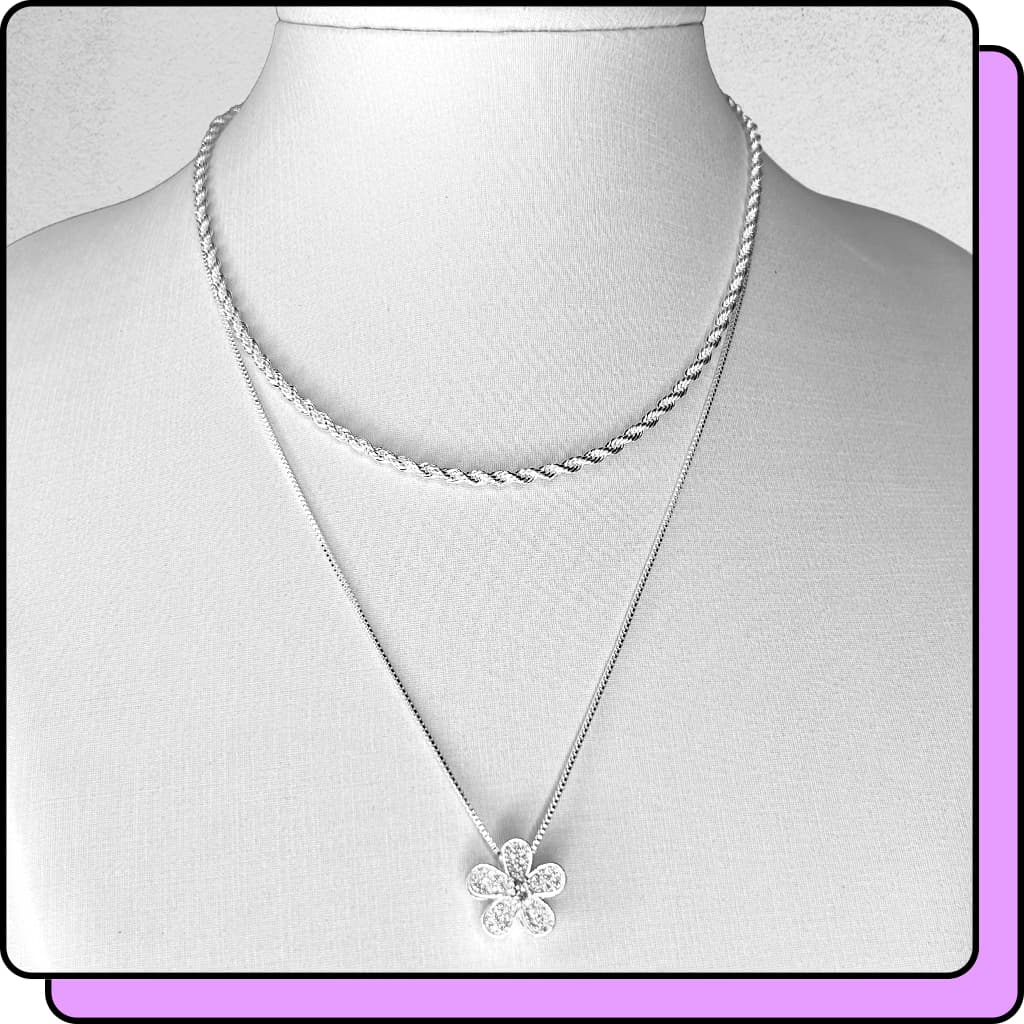 Kit Colares Prata 925 Cordão Baiano Flor Colar Feminino