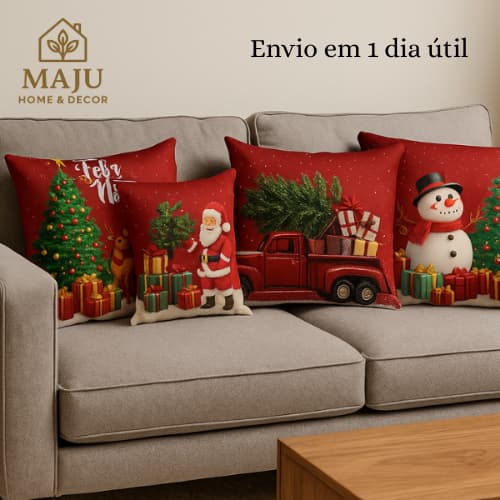 Kit 4 Capas de Almofada Natalinas 45x45cm Estampadas em Microfibra com Zíper Decoração Natal