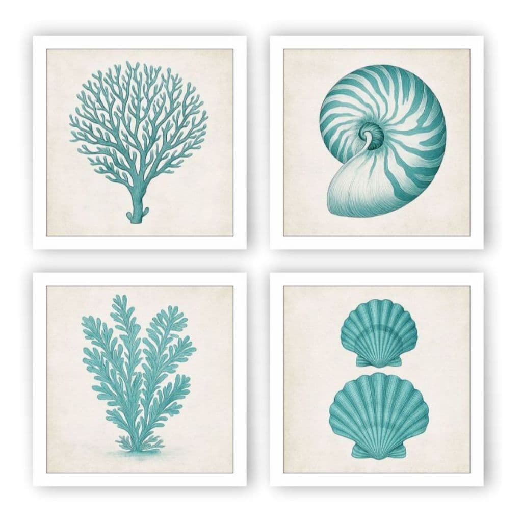Kit 4 Quadros Decorativos Banheiro Lavabo Sala Conchas Azul Claro 18x18