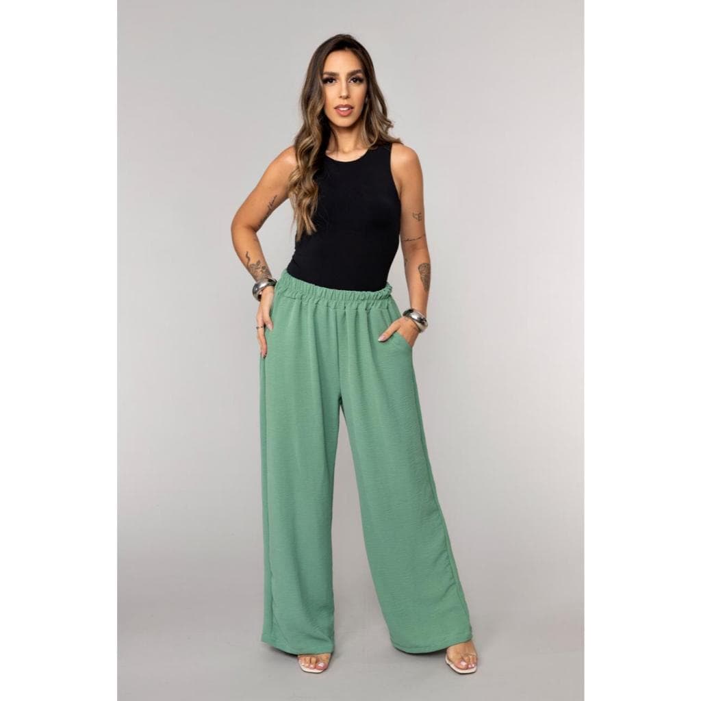 Calça Feminina Pantalona com Elástico na Cintura e Bolsos – Pantalona Casual