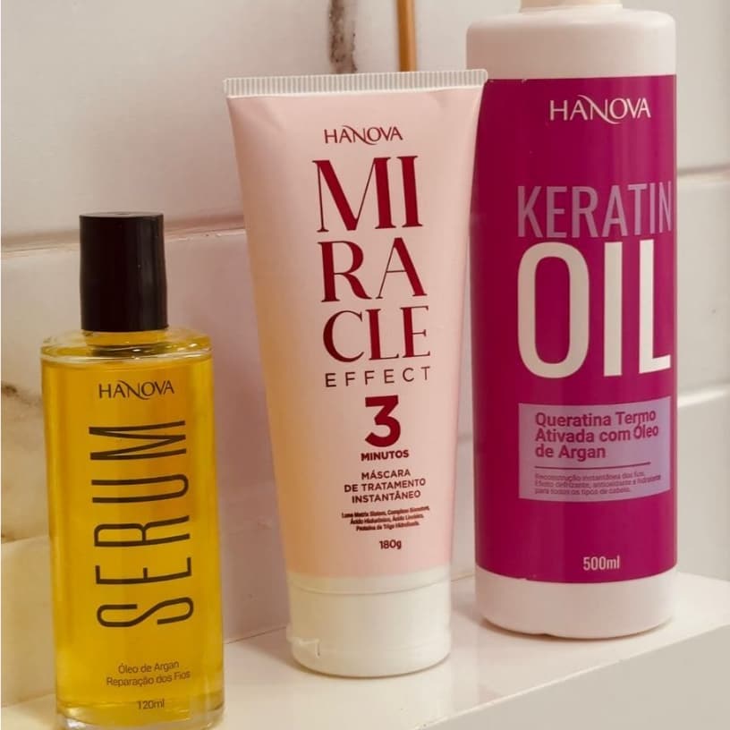 Kit Sérum 120ML Hanova com Argan +Keratina Oil 500ML e Mascara Miracle ação 3 minutos