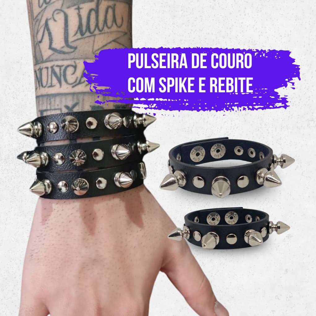 Pulseira de Couro com Espinhos Punk Gótico – Bracelete, Ajustável para Looks, Rock, Moda Alternativa