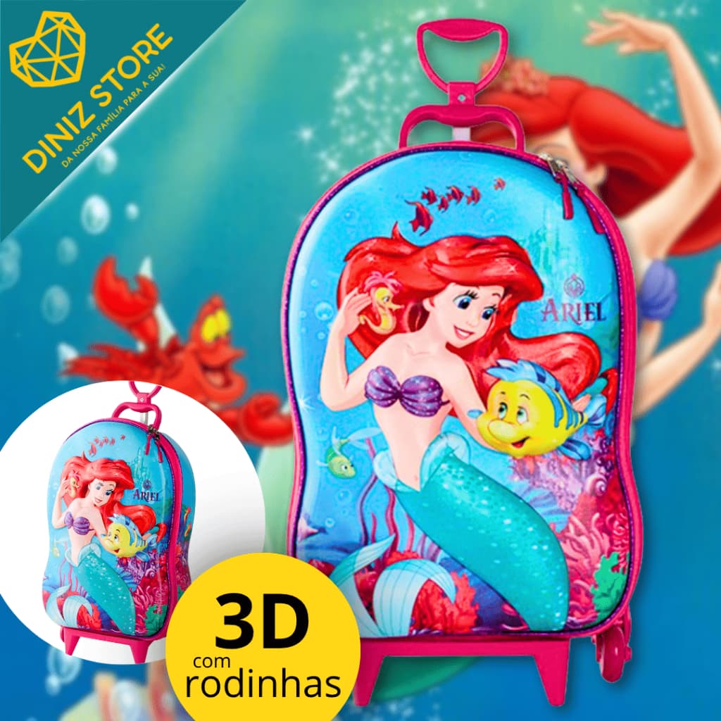 Mala Infantil Ariel Pequena Sereia 3D com Rodinhas Verde