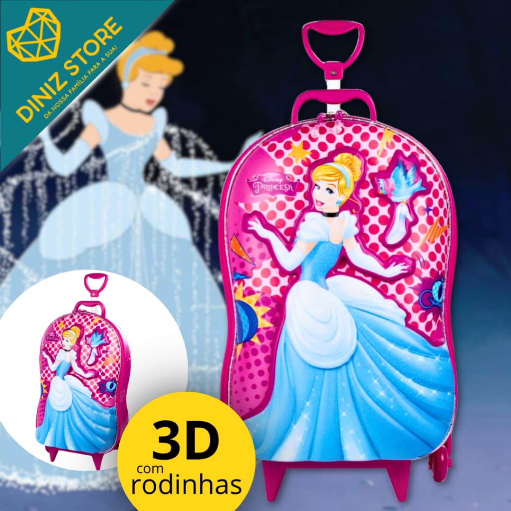 Mala Infantil Cinderela 3D com Rodinhas Rosa